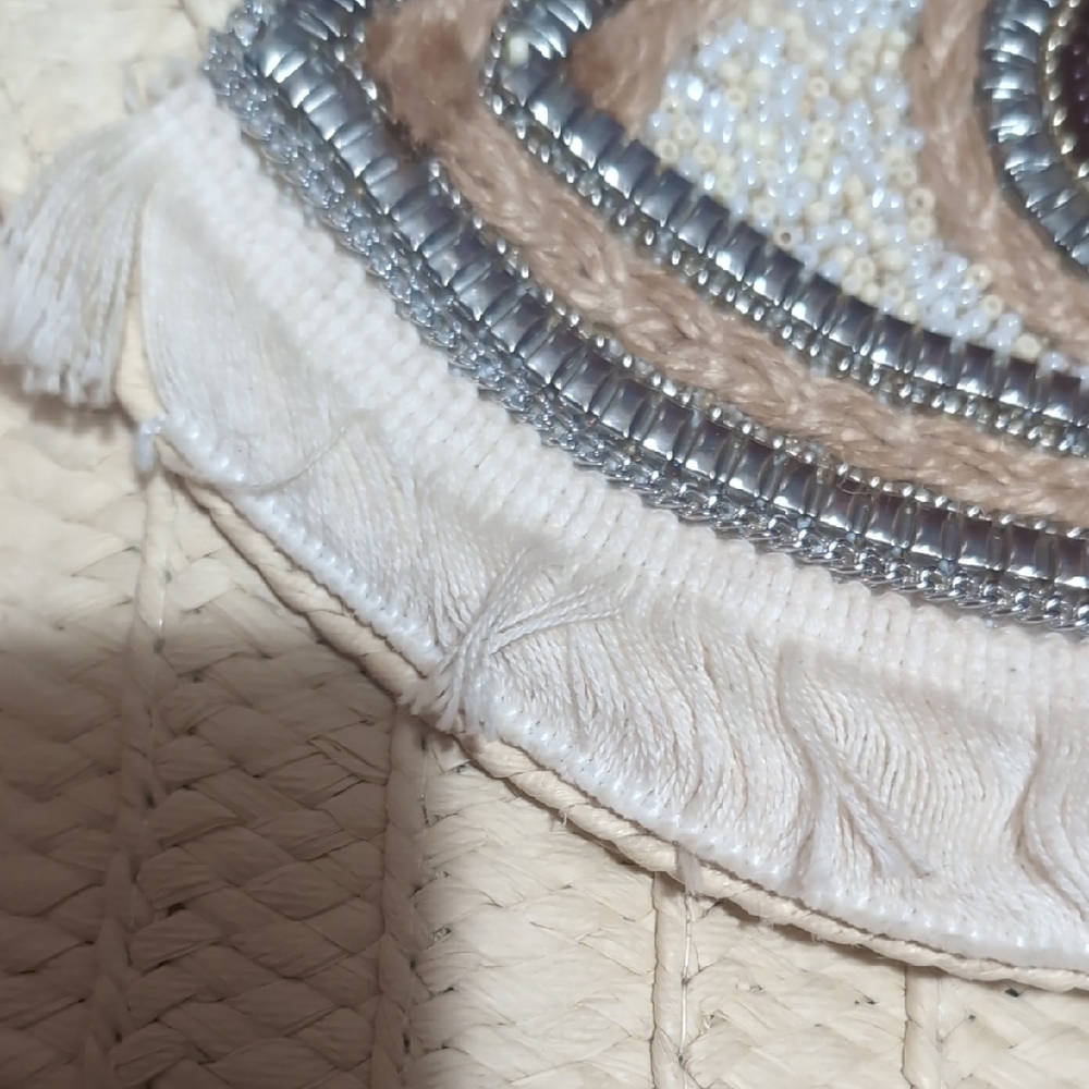 Cream and Brown Woven Crossbody Bag Bejeweled Eye Zipper - Picture 3 of 9
